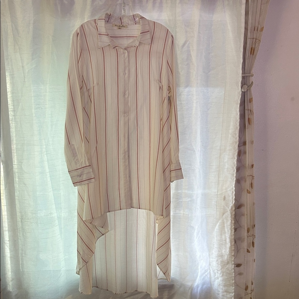 Vine & Love Pink and White Striped High-Low Blouse